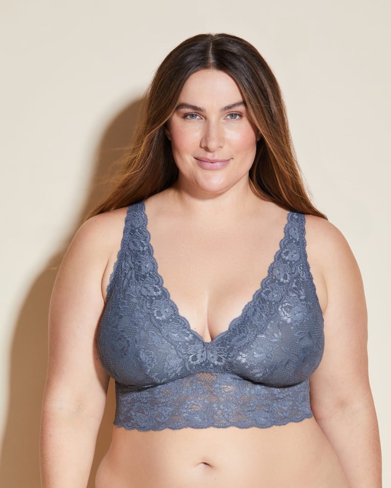 Front of a model wearing a size 1X Plungie Longline Lace Bralette in Anthracite by Cosabella. | dia_product_style_image_id:274451
